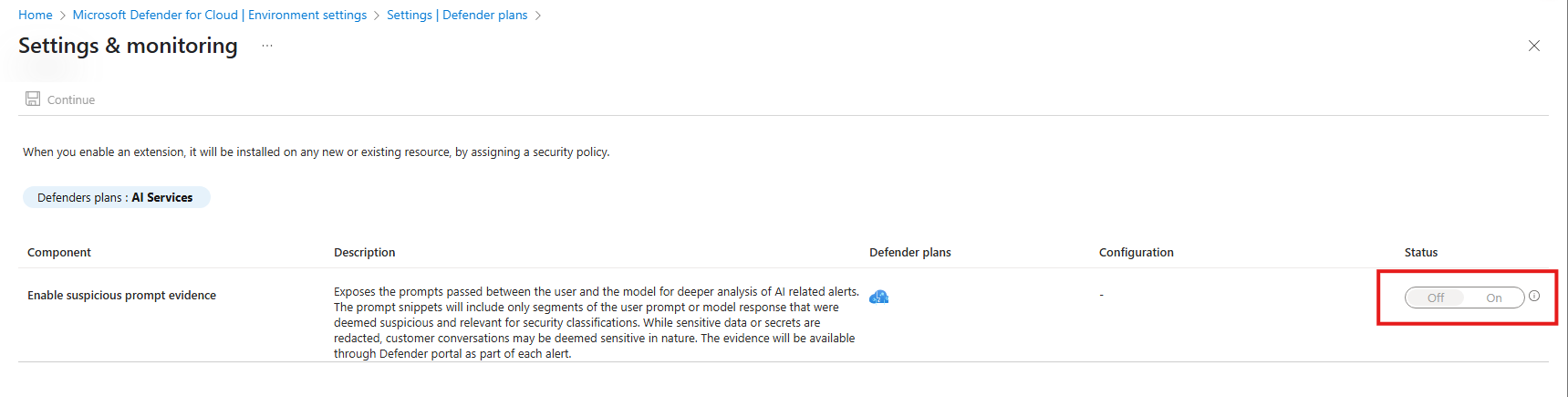 Screenshot that shows you how to toggle user prompt evidence to on.