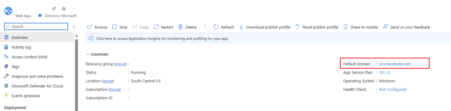Screenshot showing where to copy the default domain.