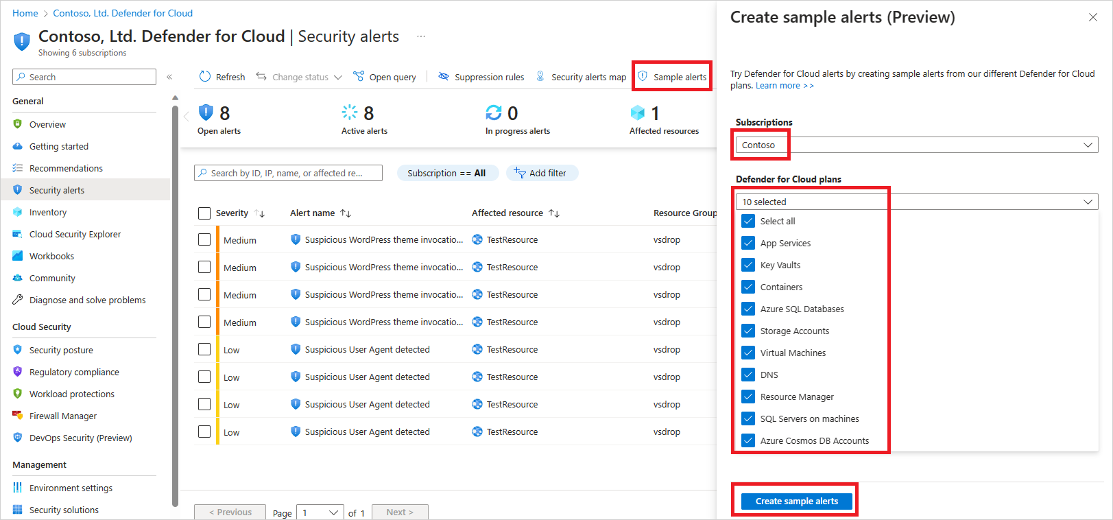 Screenshot showing steps to create sample alerts in Microsoft Defender for Cloud.