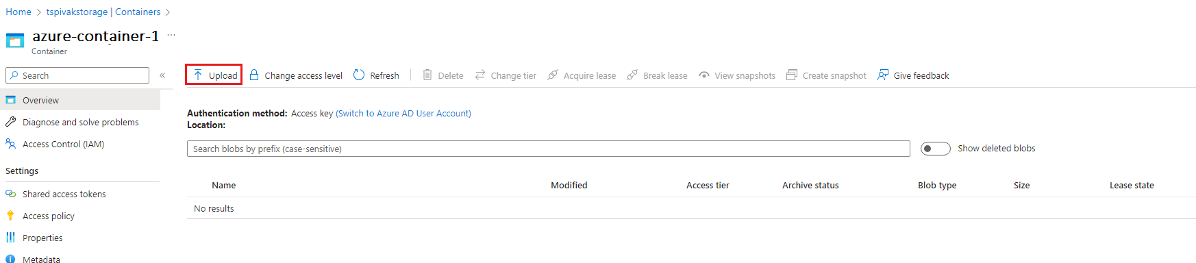 Screenshot showing where to upload a file to the container.