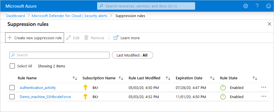 Screenshot that shows the Suppression rules page where you can review the suppression rules and create new ones.