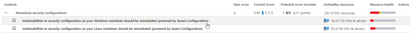 The two recommendations for comparing the OS configuration of machines with the relevant Azure security baseline.