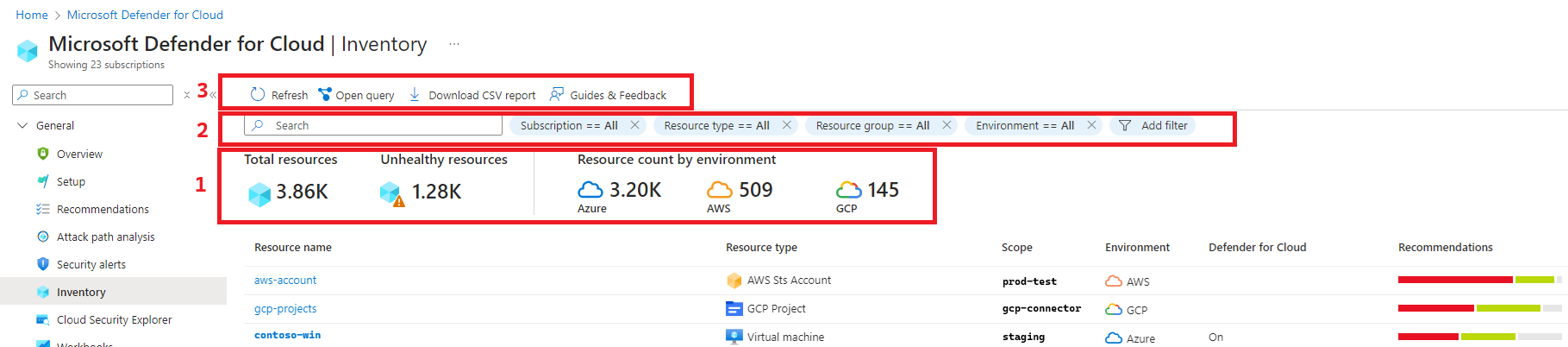 Screenshot that shows the main features of the asset inventory page in Microsoft Defender for Cloud.