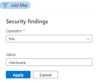 Screenshot showing how to set the security findings filter.