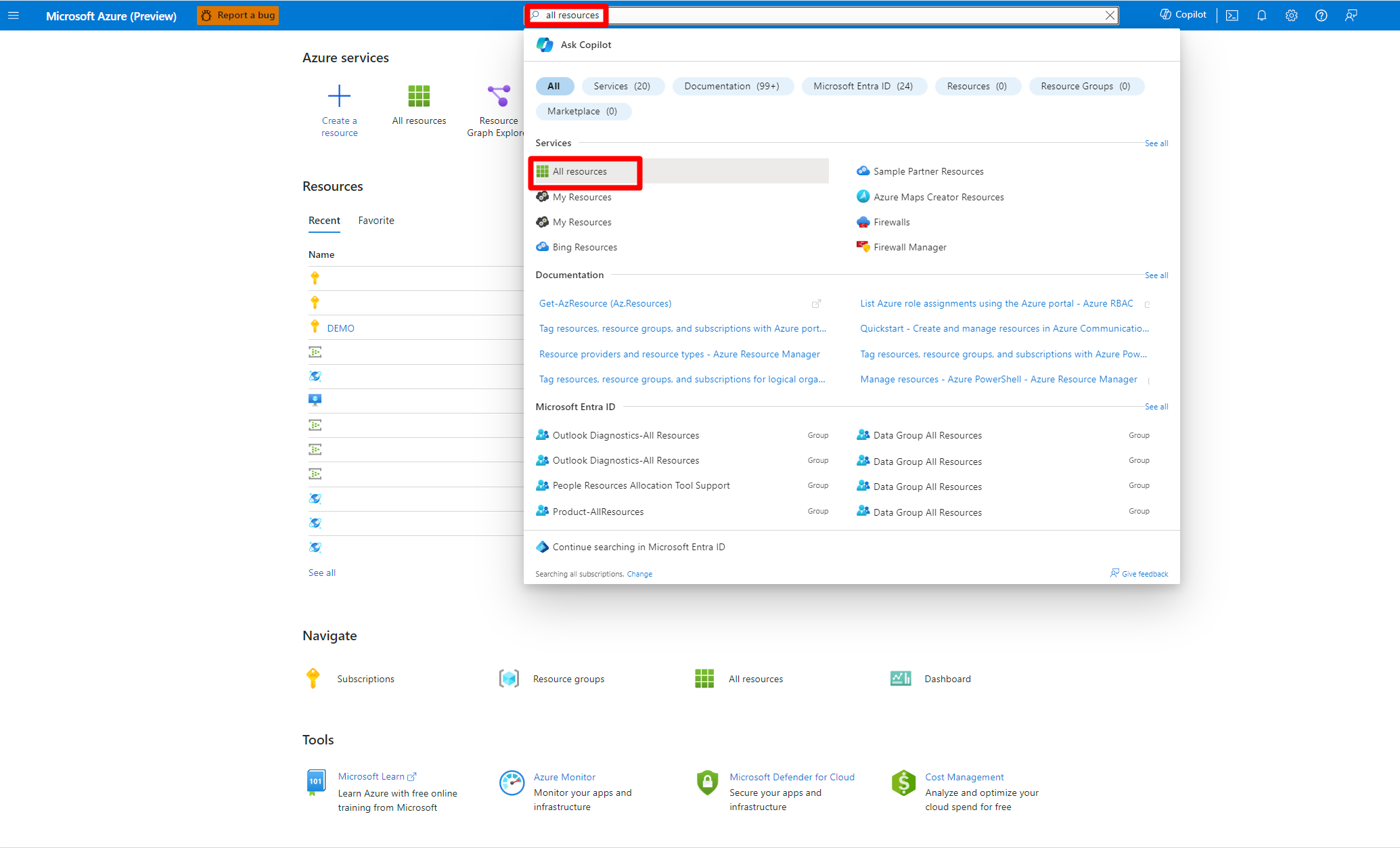 Screenshot that shows you how to search for and select all resources.