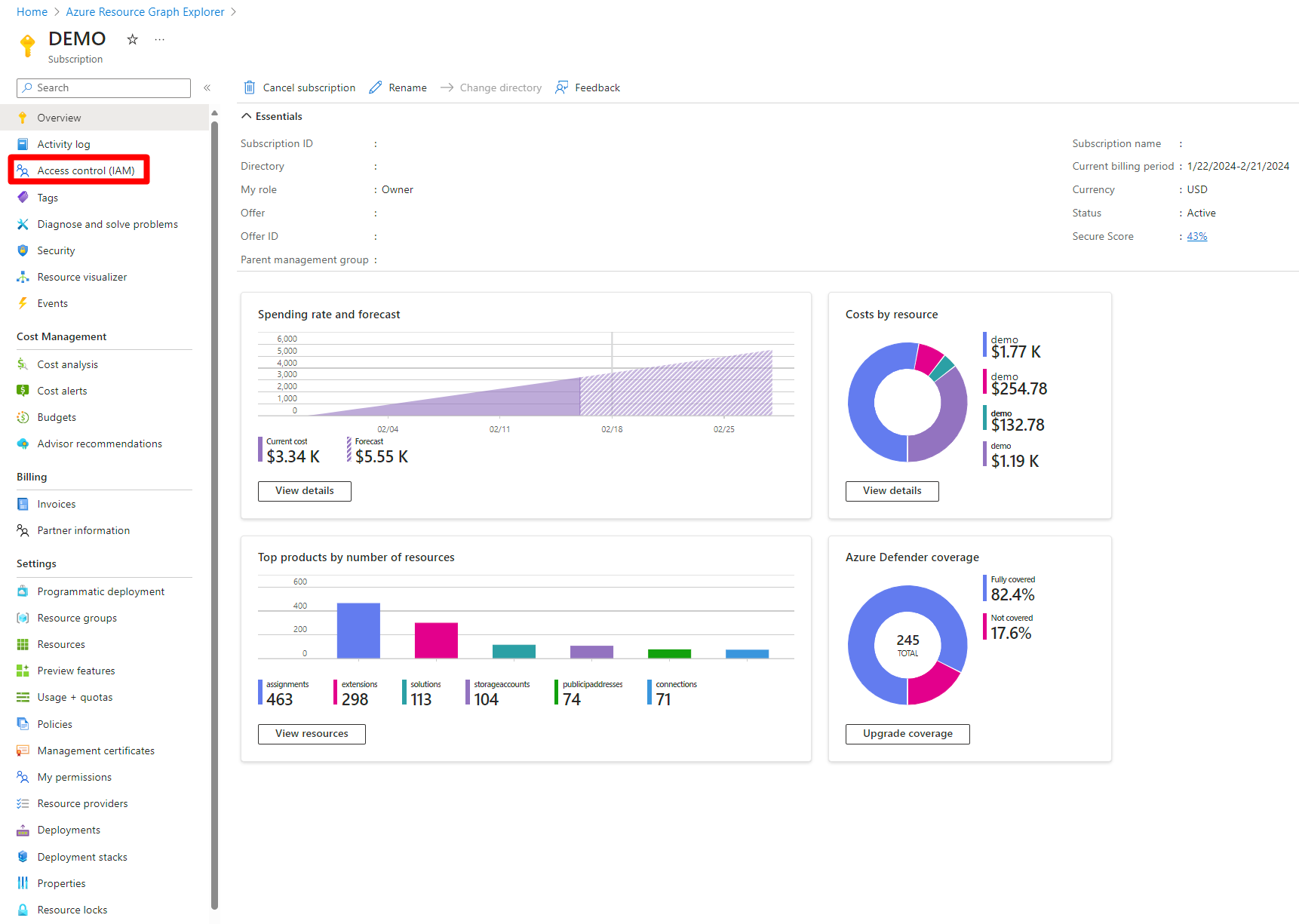 Screenshot that shows where to select Access control IAM in the resource you selected.