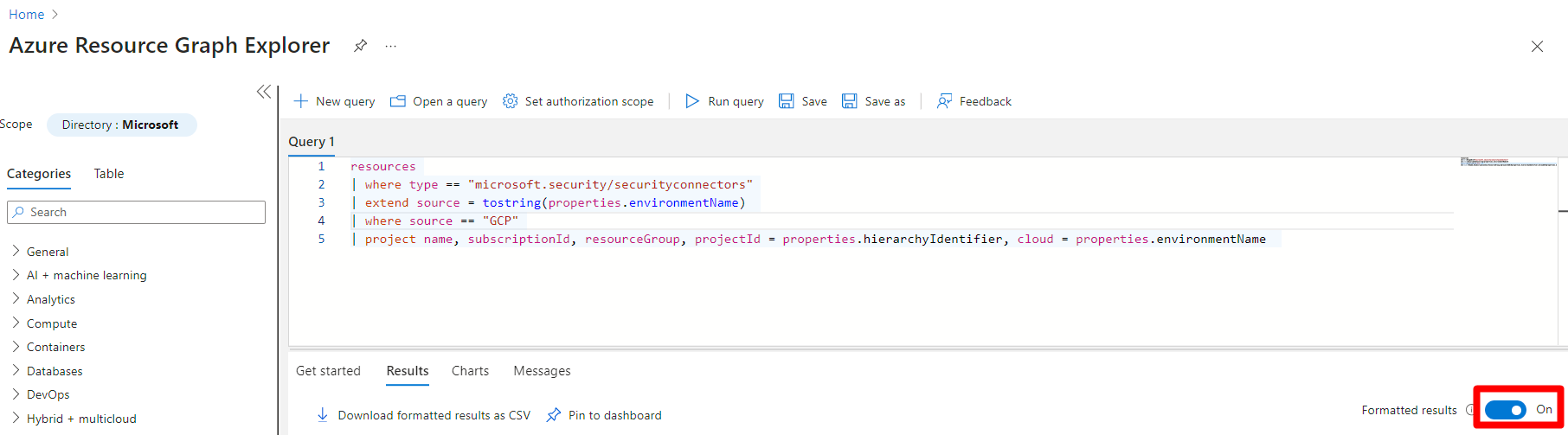 Screenshot that shows where the formatted results toggle is located on the screen.