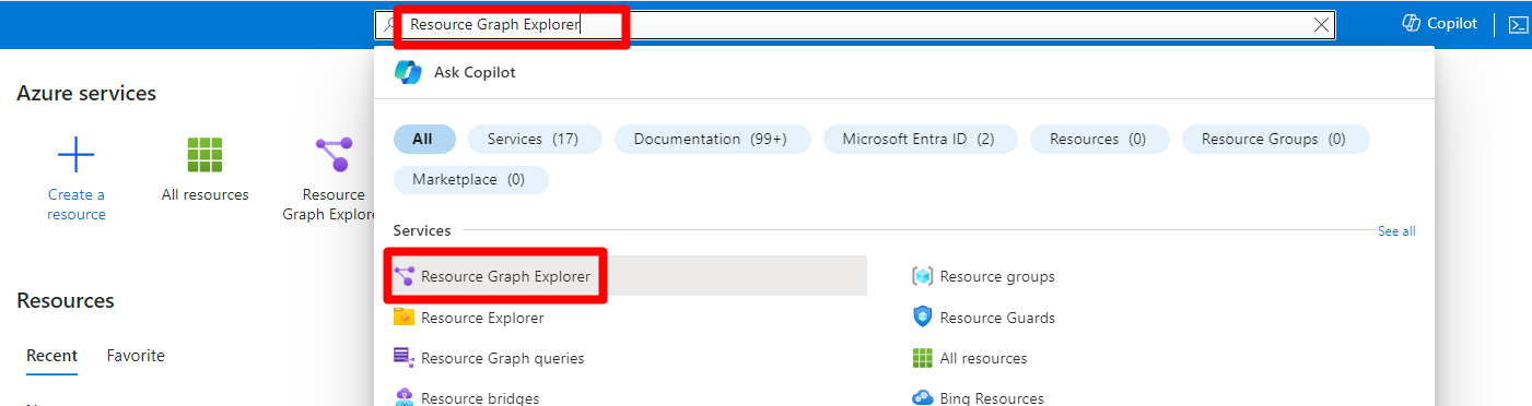 Screenshot that shows you how to search for and select resource graph explorer.