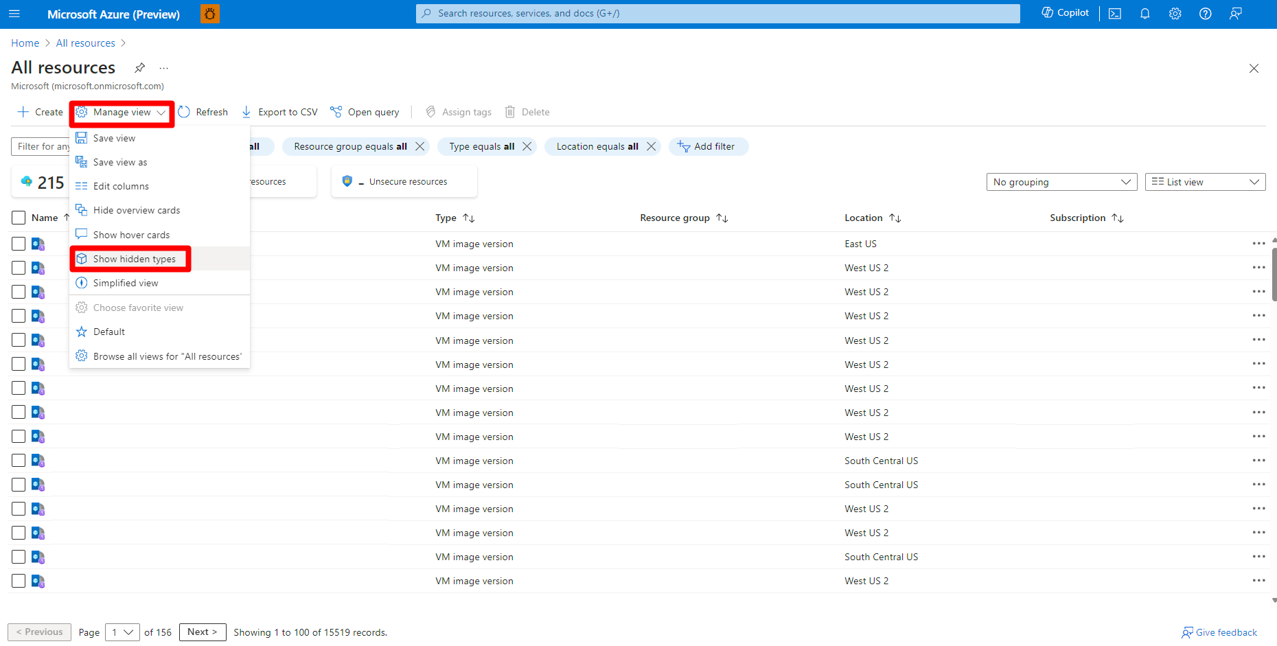 Screenshot that shows you where on the screen to find the show hidden types option.