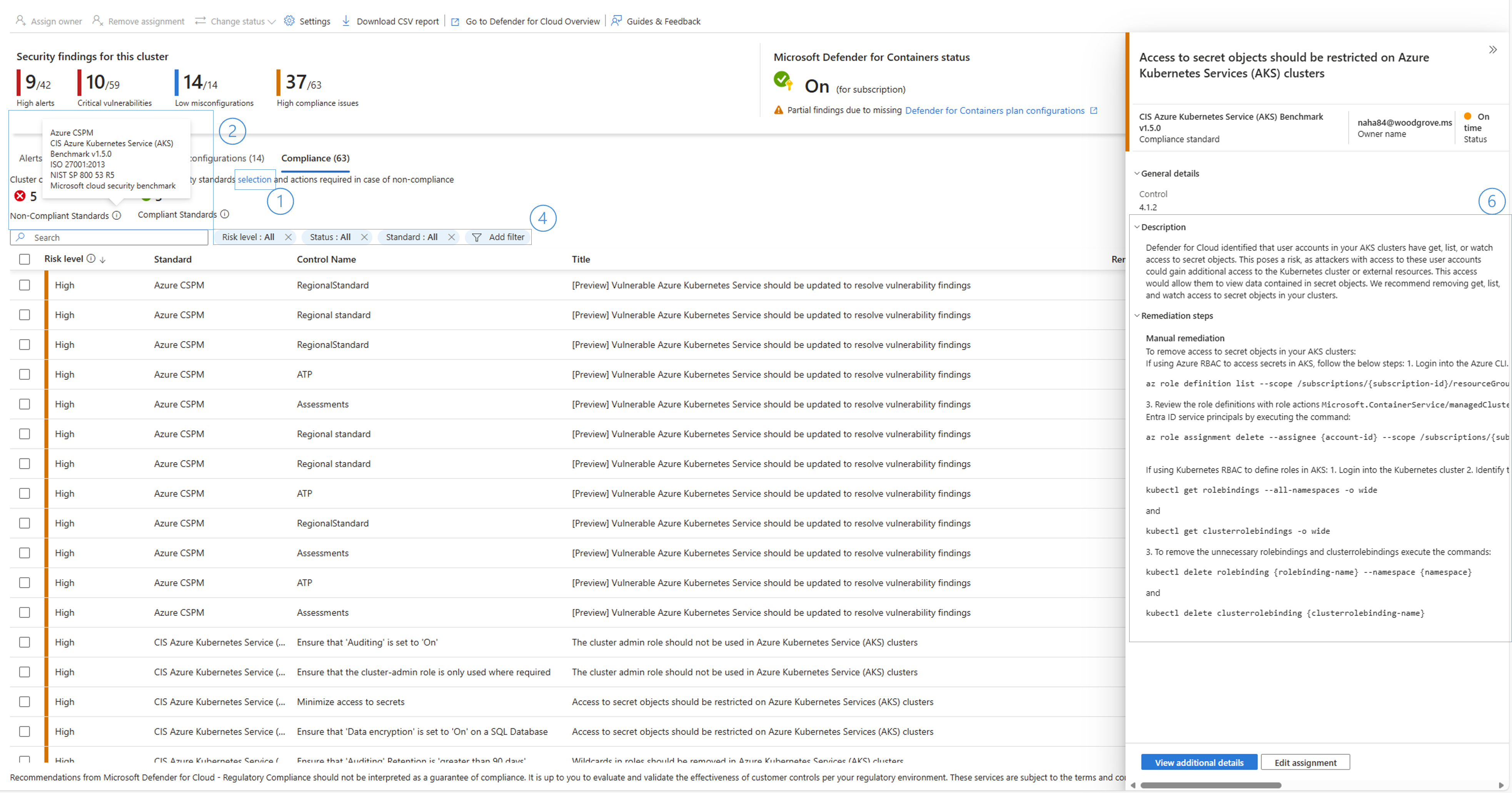 Screenshot of the Compliance tab showing regulatory compliance assessment results.