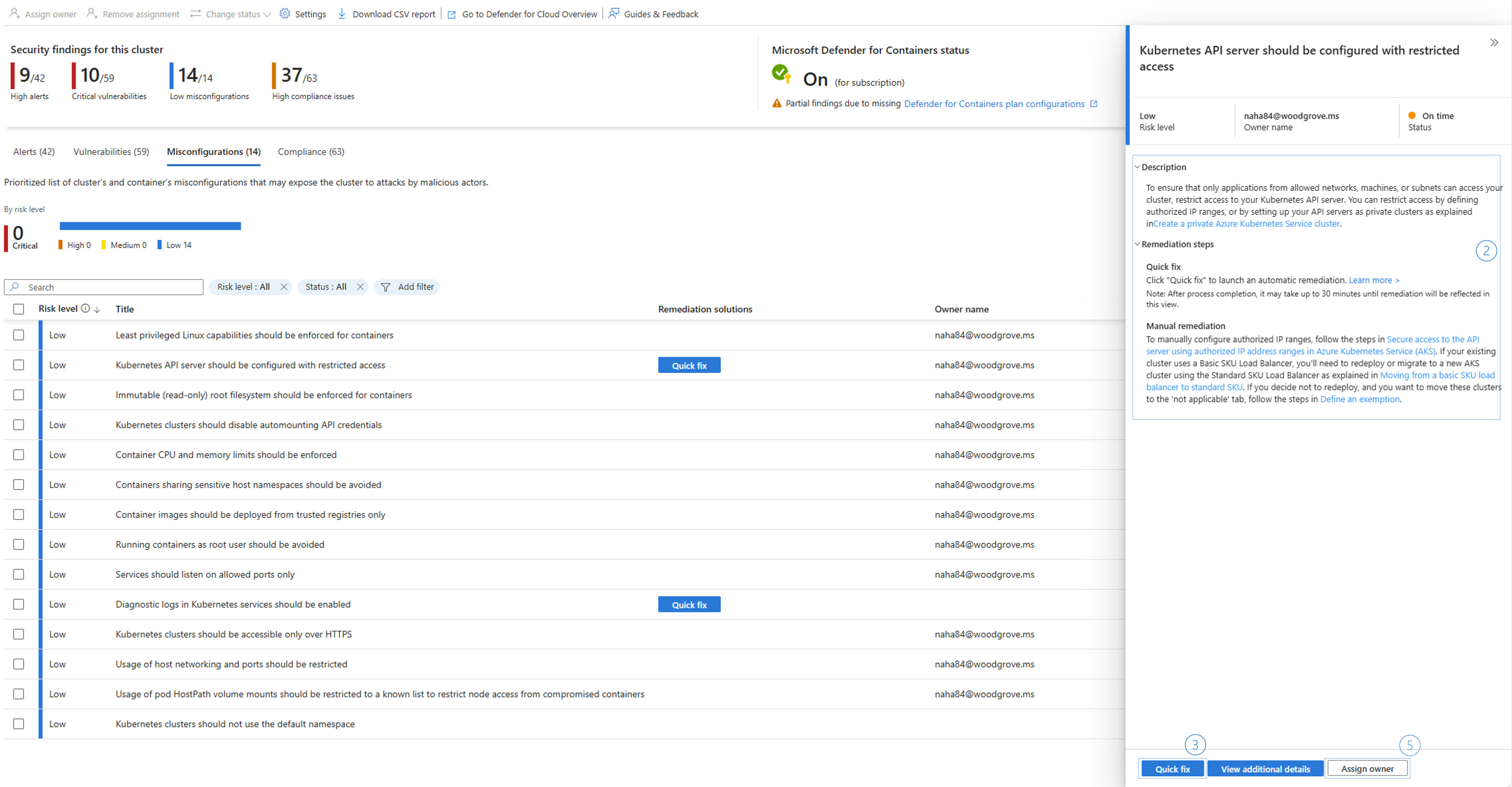Screenshot of the Misconfigurations tab displaying security configuration issues.