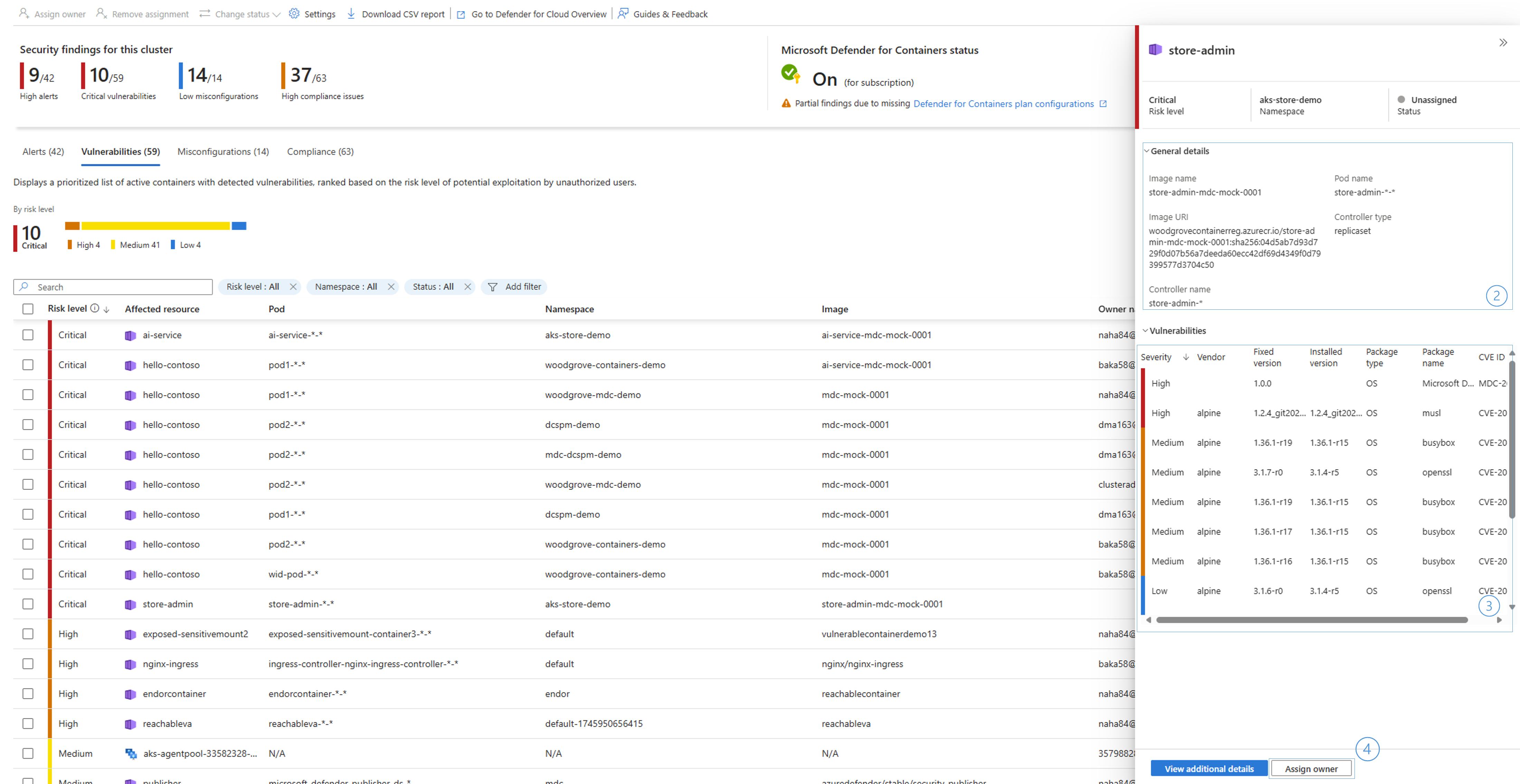 Screenshot of the Vulnerabilities tab showing vulnerable components list with severity levels, CVE counts, affected packages, and risk assessment scores.