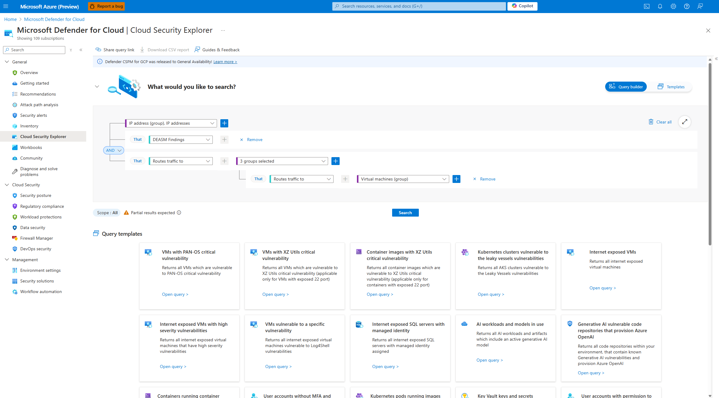 Screenshot of the cloud security explorer page in the Defender for Cloud portal.