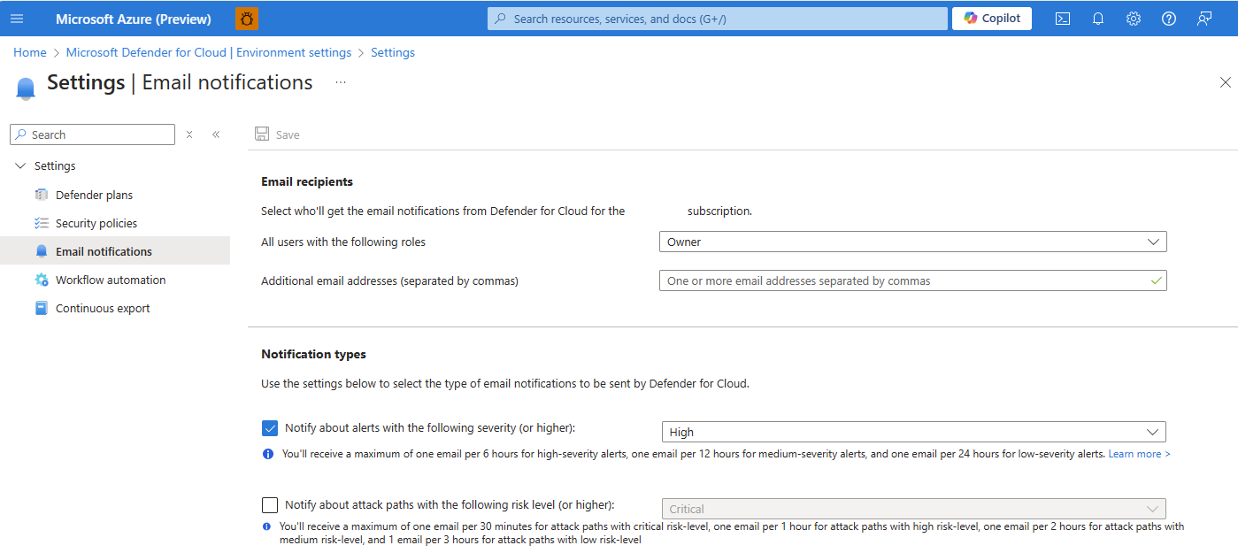 Screenshot showing how to configure the details of the contact who is to receive emails about alerts and attack paths.
