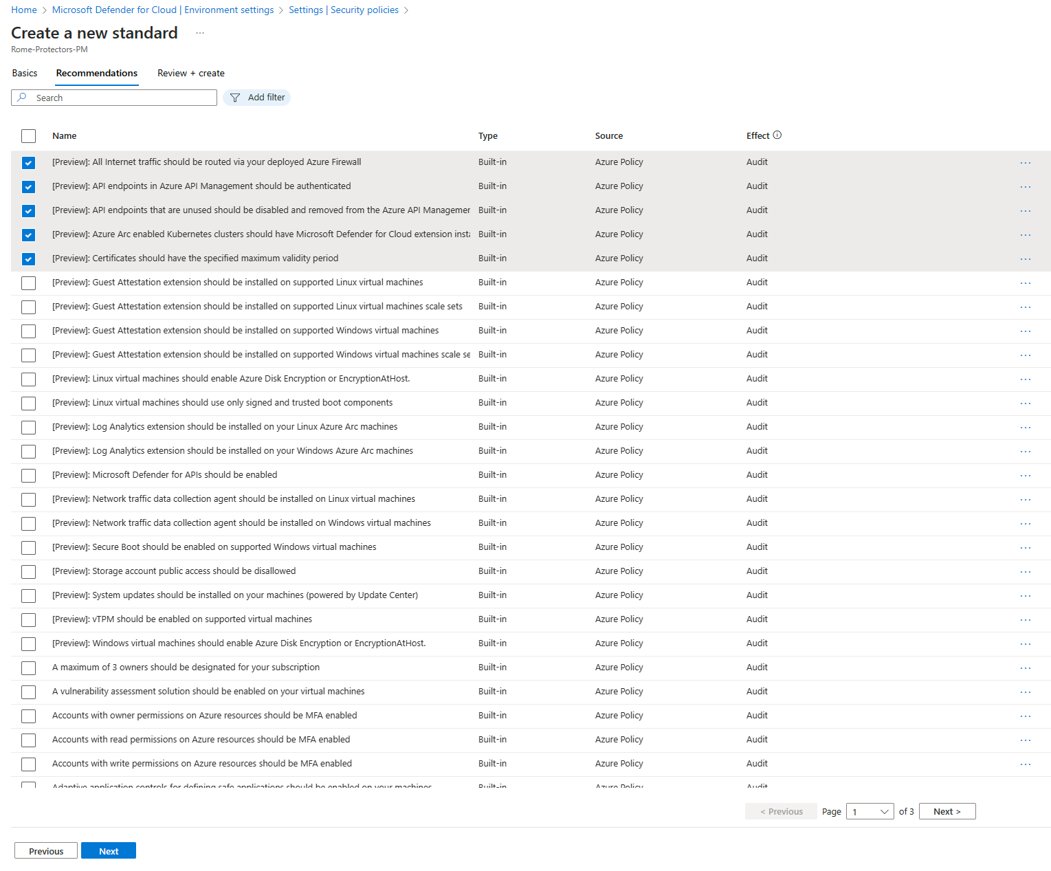Screenshot that shows the list of all of the recommendations that are available to select for the custom standard.