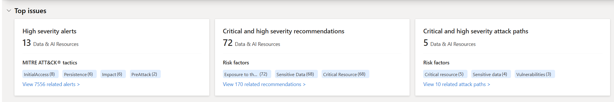 Screenshot that shows the top issues section of the data security view.