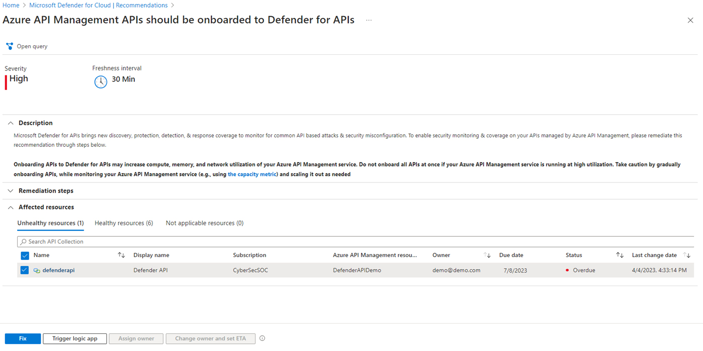 Screenshot that shows the recommendation details for turning on the plan.