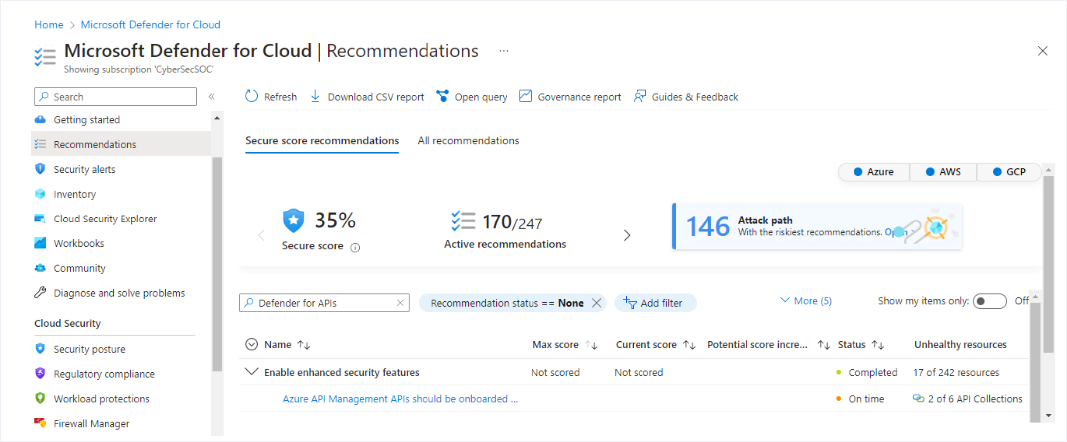 Screenshot that shows how to turn on the Defender for APIs plan from the recommendation.
