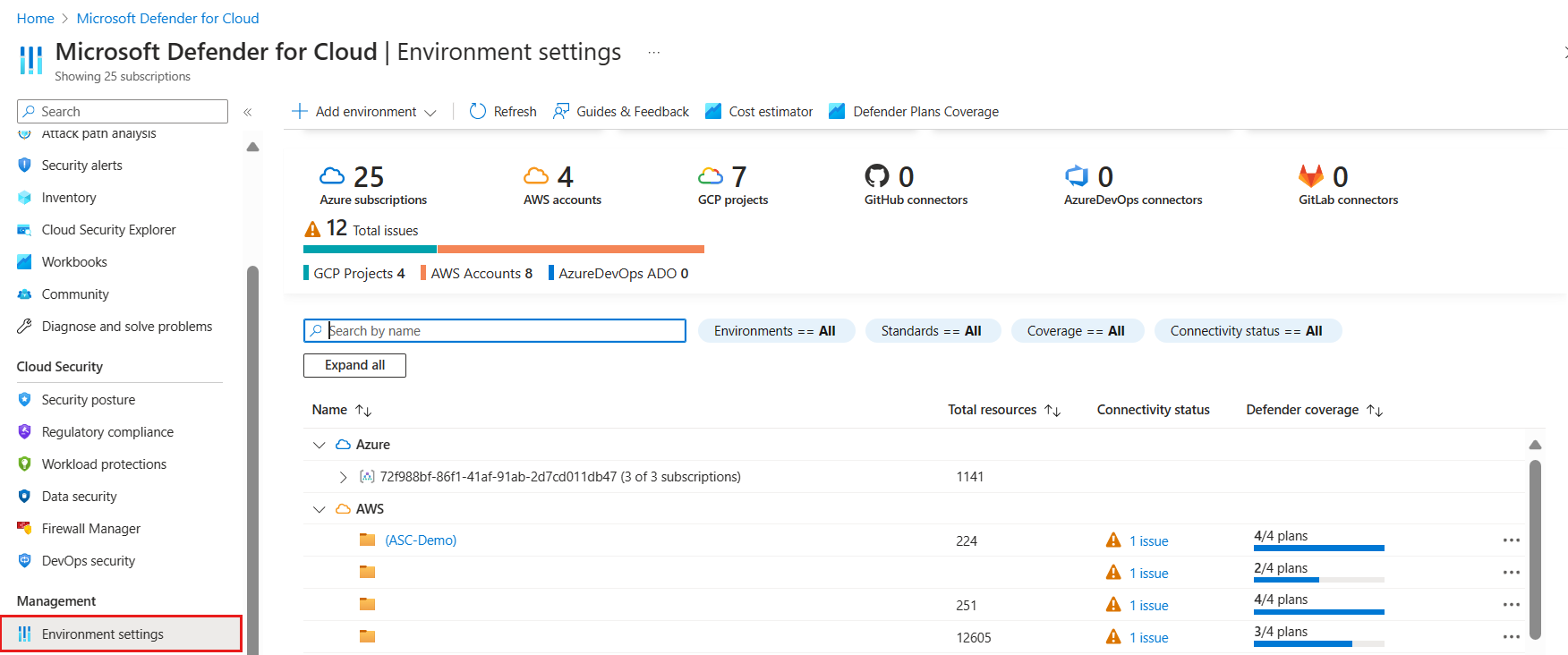 Screenshot that shows where to select Environment settings.