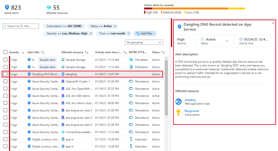 An example of an alert about a discovered dangling DNS entry. Enable Microsoft Defender for App Service to receive this and other alerts for your environment.