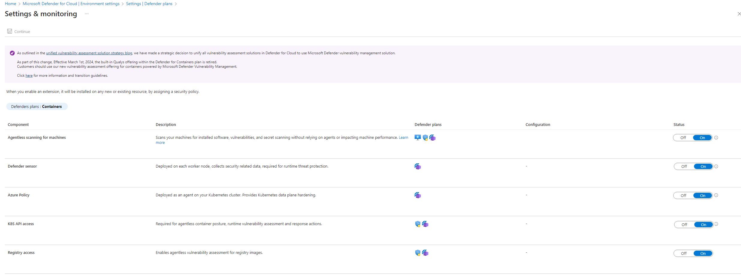 Screenshot that shows turning on Defender for Containers components.