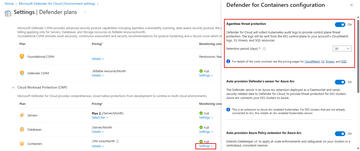 Screenshot of the settings for the Containers plan in the Defender for Cloud environment settings with Agentless threat protection highlighted.