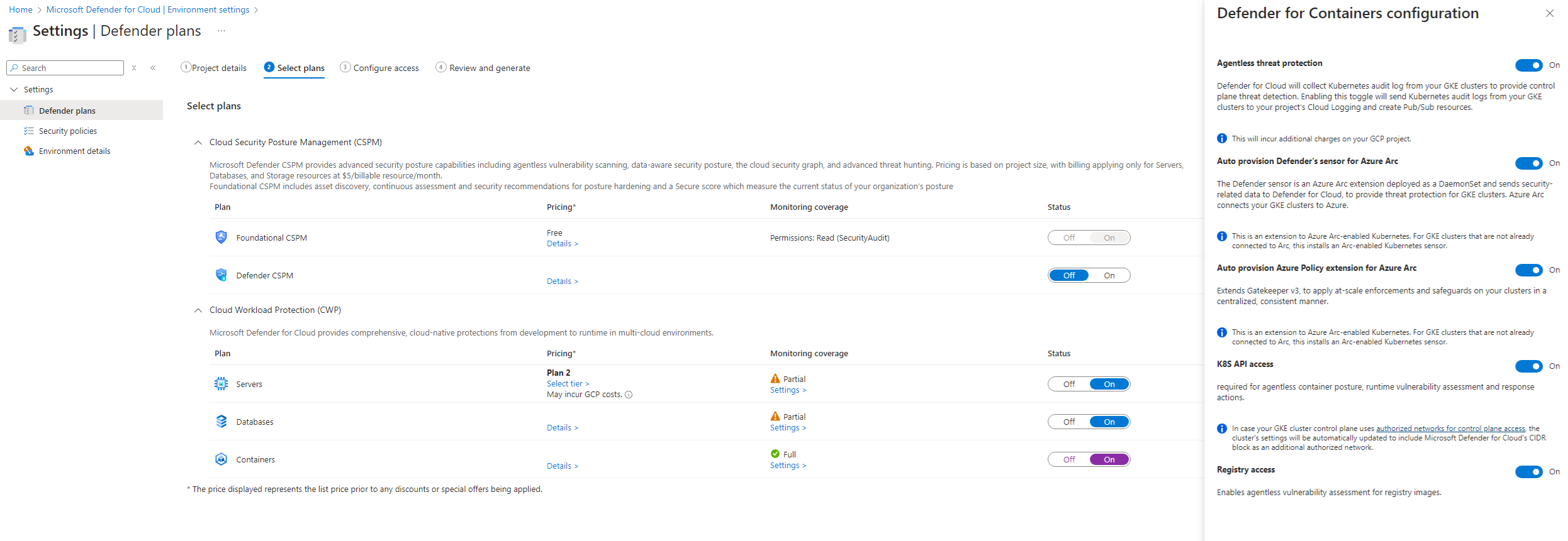 Screenshot of settings for the Containers plan in the Defender for Cloud environment settings.