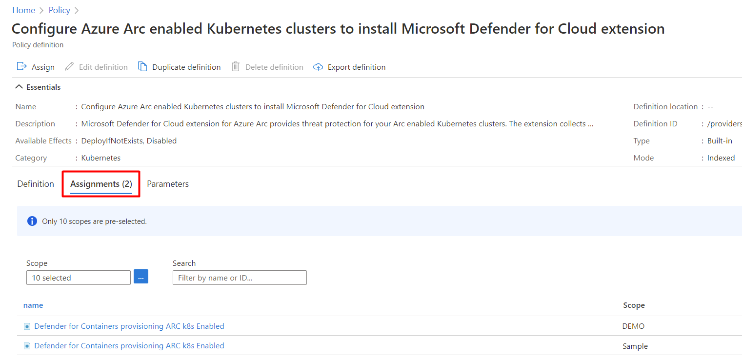 Screenshot that shows the Assignments tab for Azure Arc.