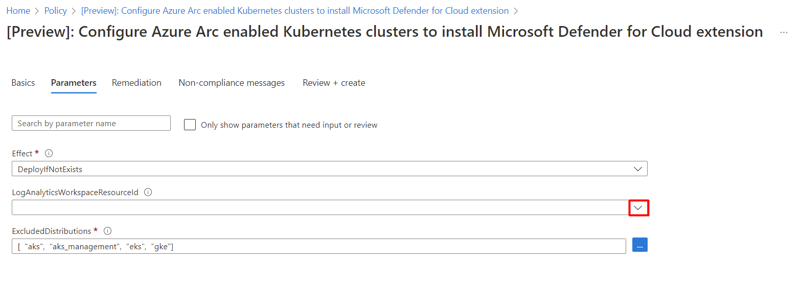 Screenshot that shows the dropdown menu for a Log Analytics workspace resource ID related to Azure Arc.