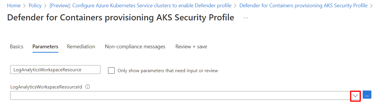 Screenshot that shows the dropdown menu for Log Analytics workspace resource ID.