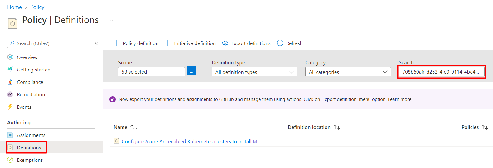 Screenshot that shows where to search for the policy by ID for Azure Arc.