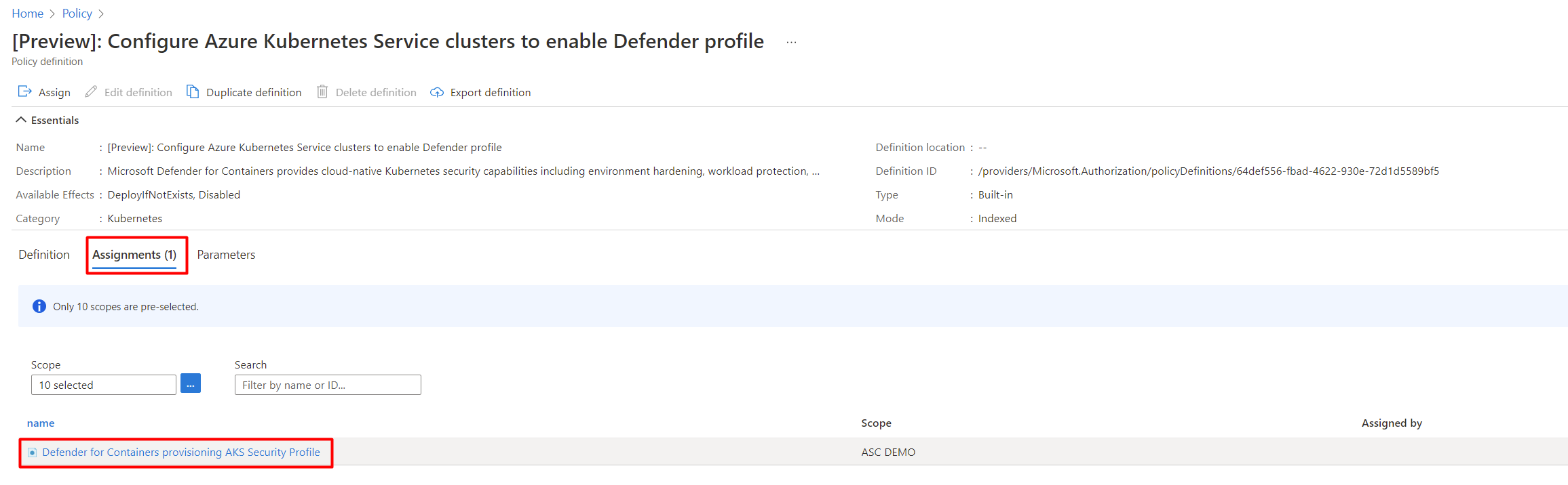 Screenshot that shows the selection of an assignment.
