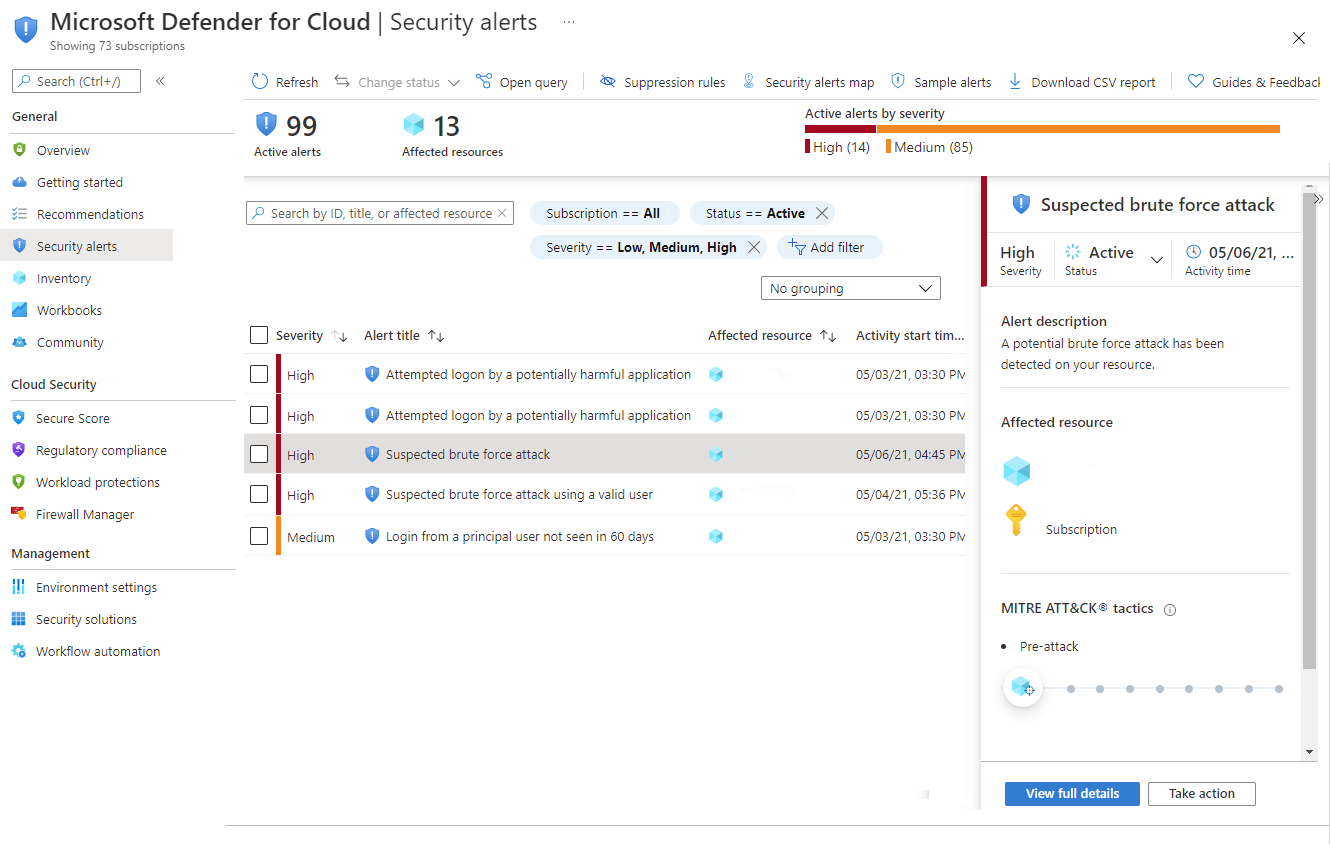 Screenshot that shows example multicloud alerts for databases where Microsoft Defender for Open-Source Relational Databases is enabled.