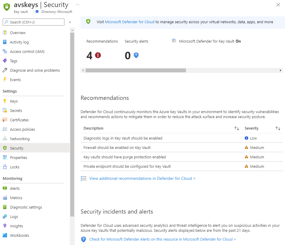 Screenshot that shows the Azure Key Vault's security page