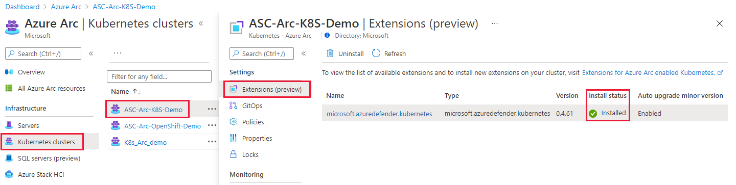 Screenshot that shows the Azure Arc page for checking the status of all installed extensions on a Kubernetes cluster.