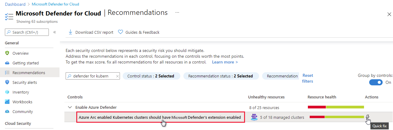 Screenshot that shows the Microsoft Defender for Cloud recommendation for deploying the Defender sensor for Azure Arc-enabled Kubernetes clusters.