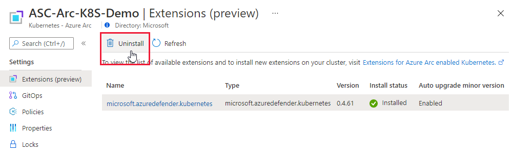 Screenshot that shows the button for uninstalling an extension from an Azure Arc-enabled Kubernetes cluster.