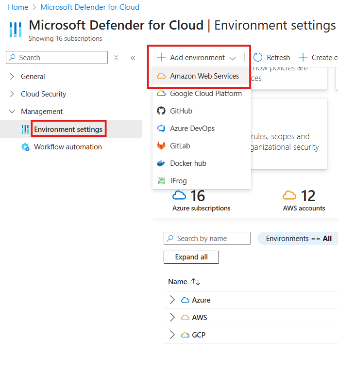 Screenshot of selections for adding an AWS environment in Microsoft Defender for Cloud.