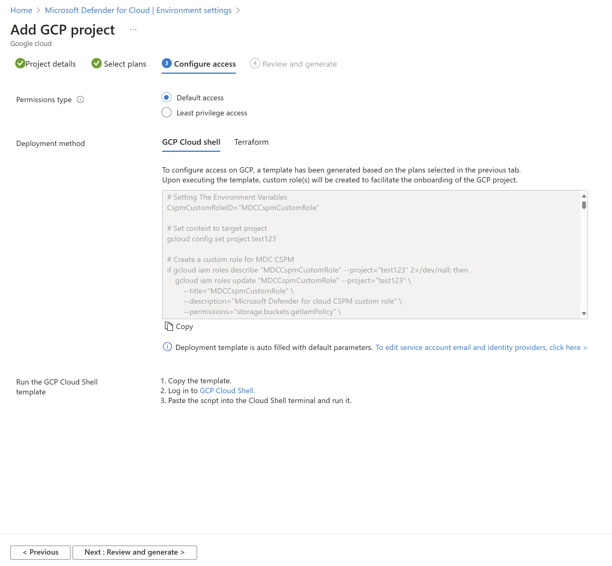 Screenshot of the page for configuring access for a GCP environment in Microsoft Defender for Cloud.
