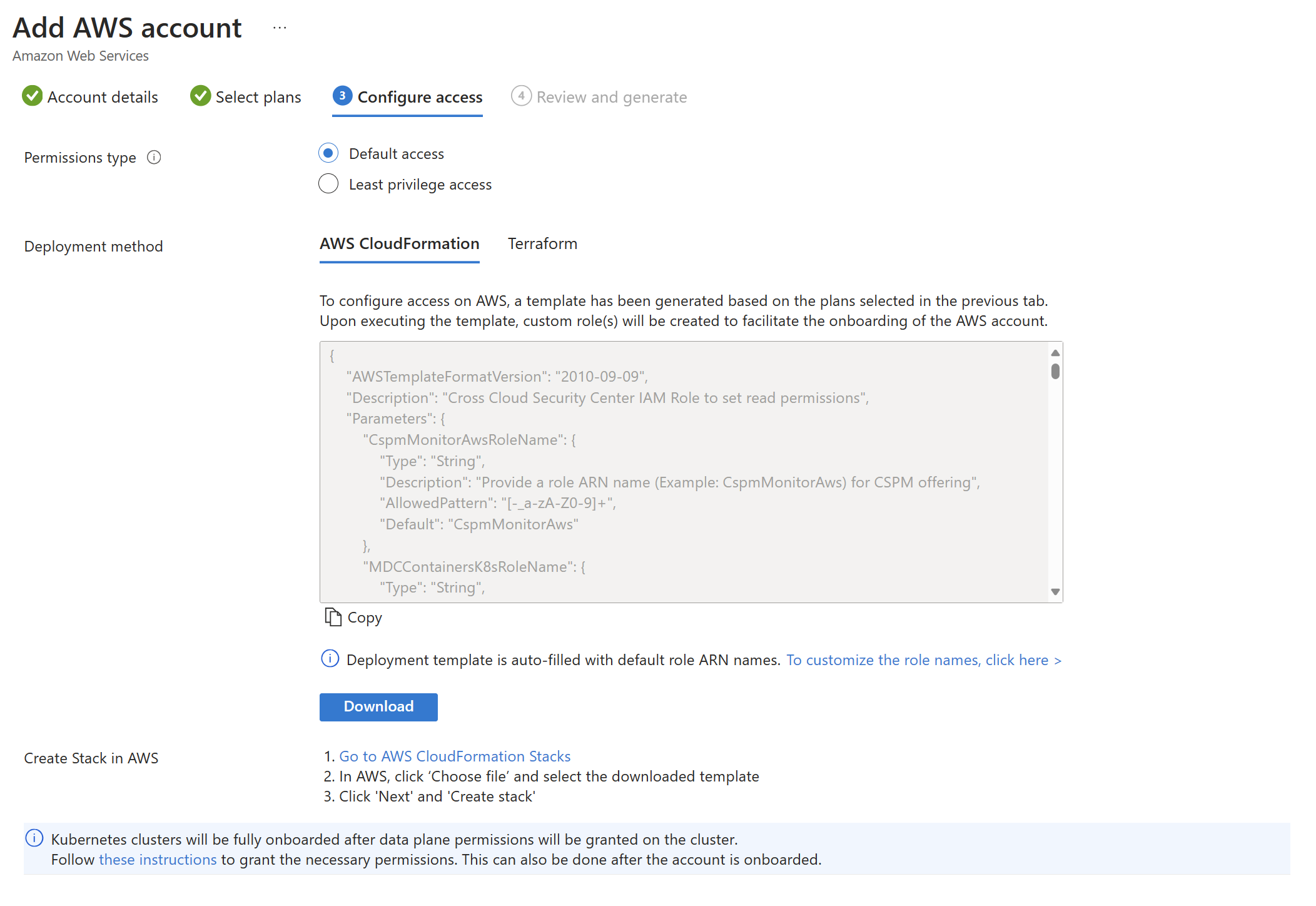 Screenshot of the page for configuring access for an AWS environment in Microsoft Defender for Cloud.