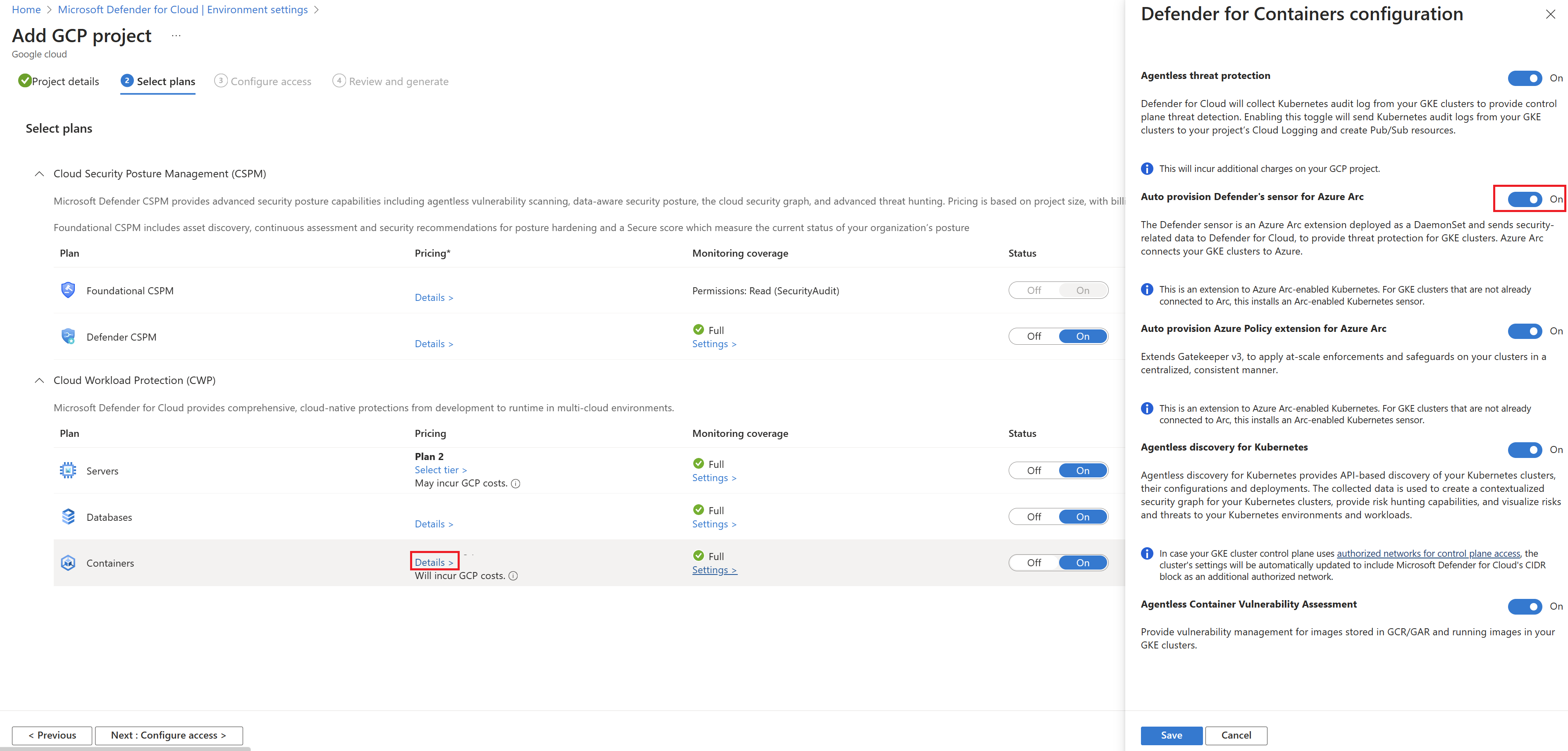 Screenshot of selections for enabling the Defender sensor for Azure Arc in Microsoft Defender for Cloud.