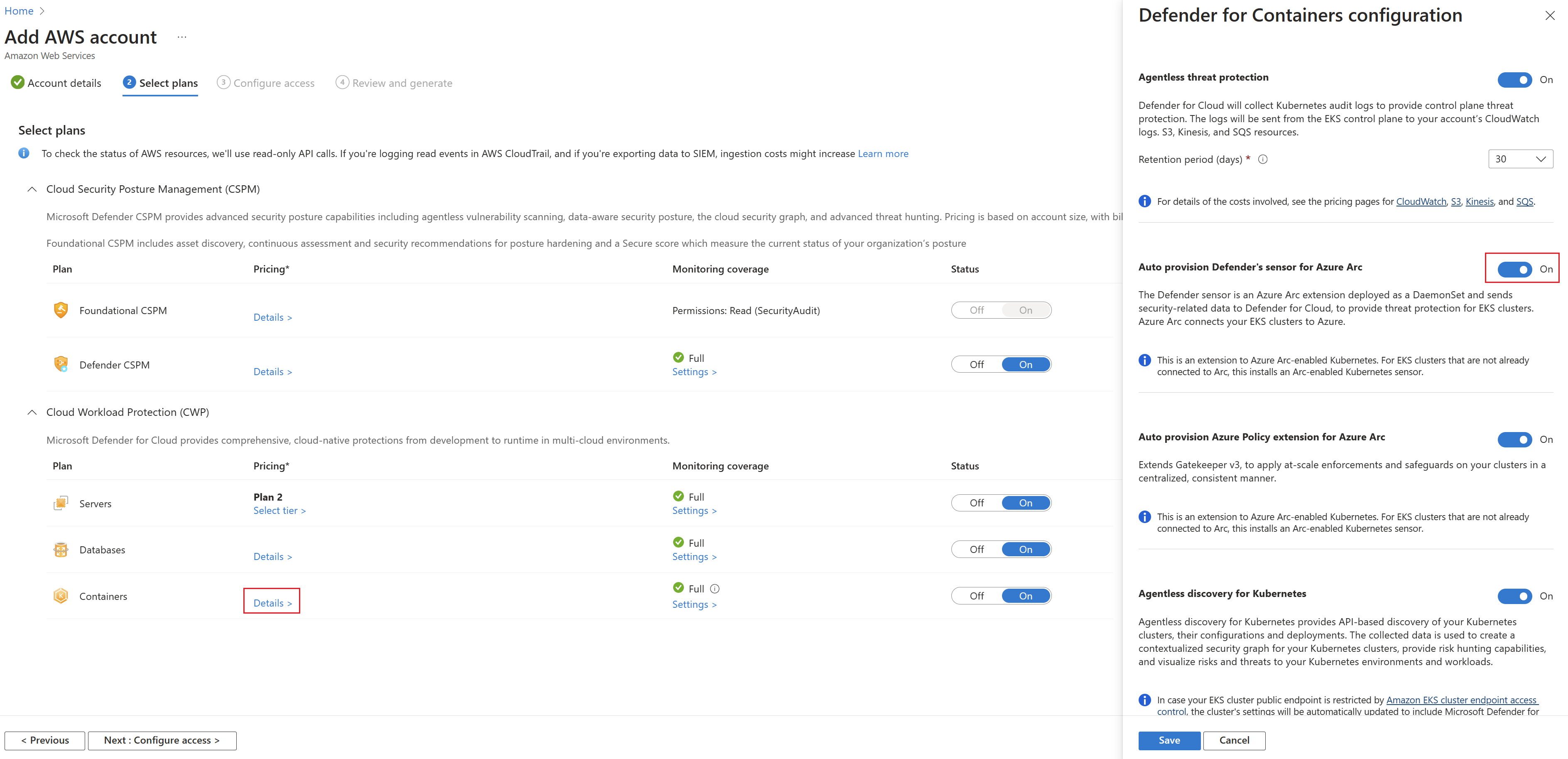 Screenshot of selections for enabling the Defender sensor for Azure Arc in Microsoft Defender for Cloud.