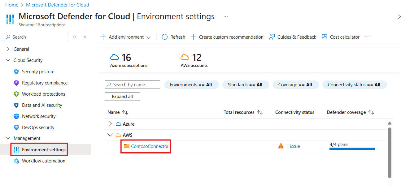 Screenshot of an AWS connector in the Defender for Cloud environment settings.