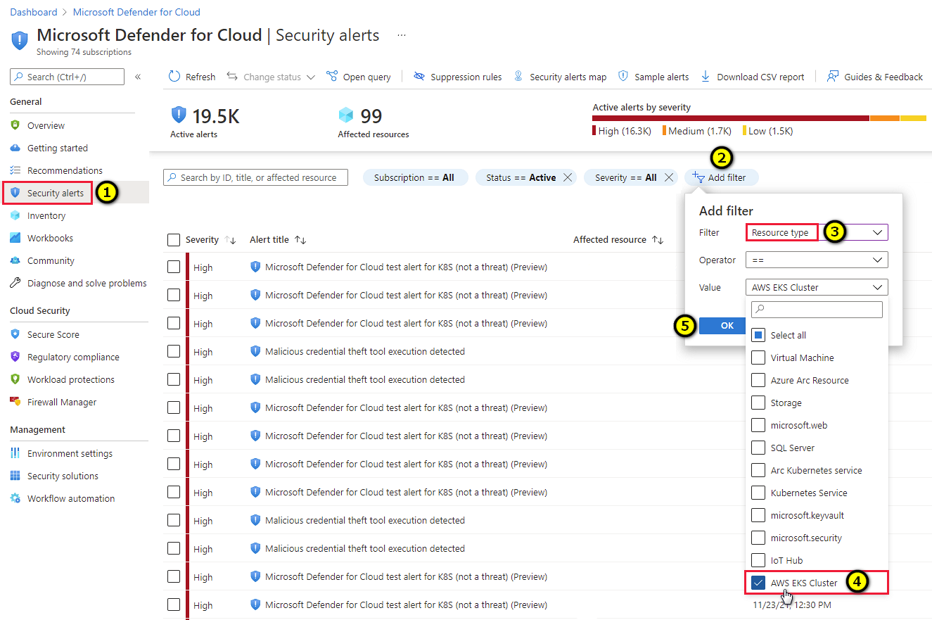 Screenshot of selections for using filters on the Microsoft Defender for Cloud security alerts page to view alerts related to AWS EKS clusters.