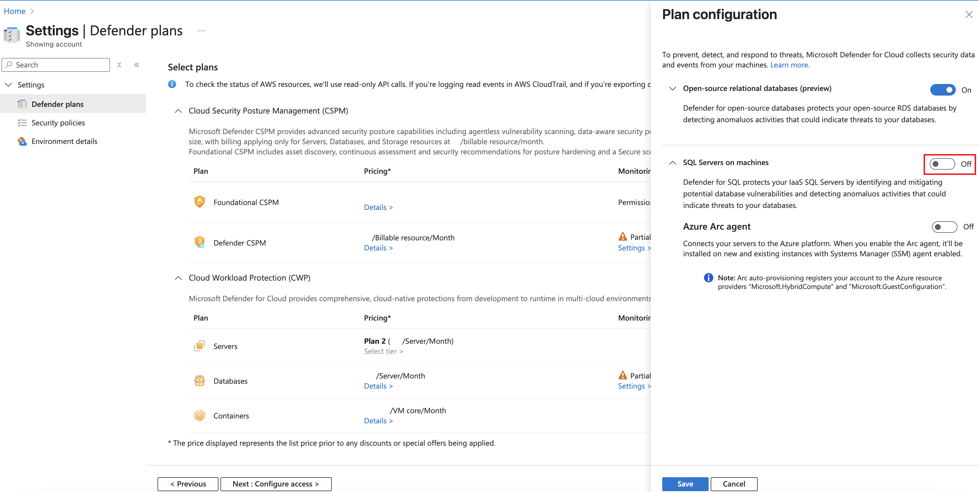 Screenshot that shows where to locate the on button for Defender for SQL Servers on machines is located.