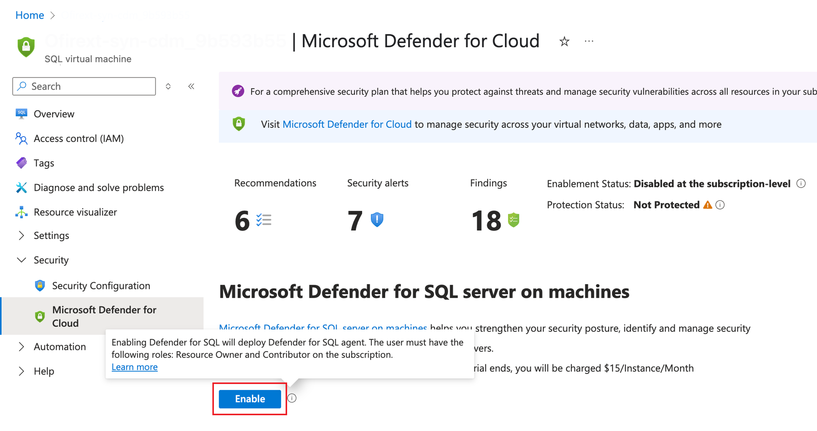 Screenshot that shows where to enable Defender for SQL servers on machines.