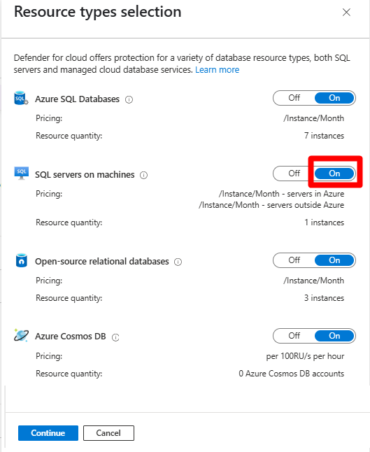 Screenshot that shows where to toggle the Defender for SQL servers on machines, to on.