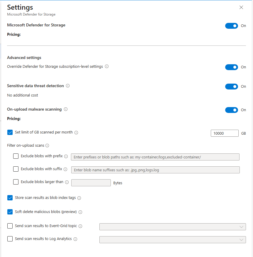 Screenshot of Microsoft Defender for Storage advanced settings page.