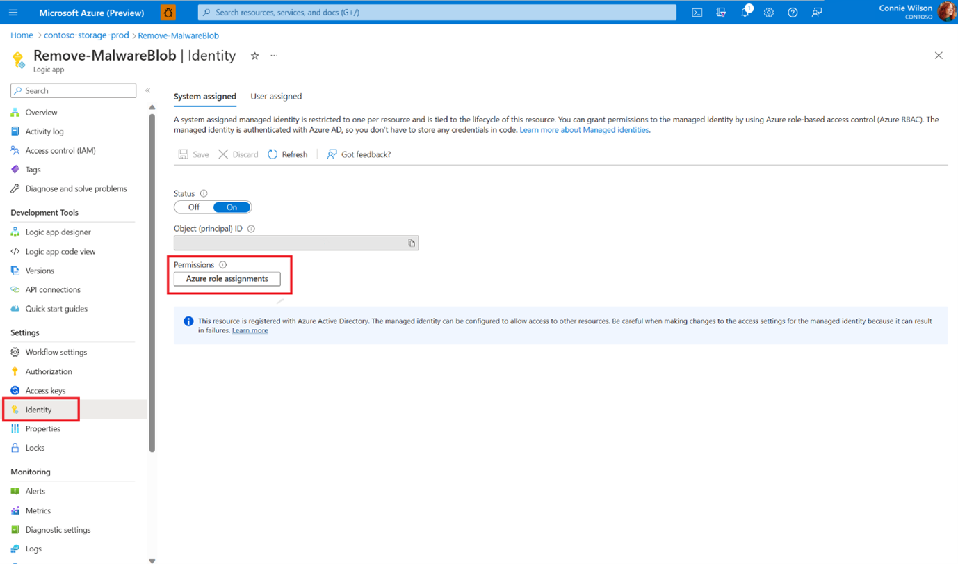 Screenshot that shows how to set up a role assignment for workflow automation to respond to scan results.