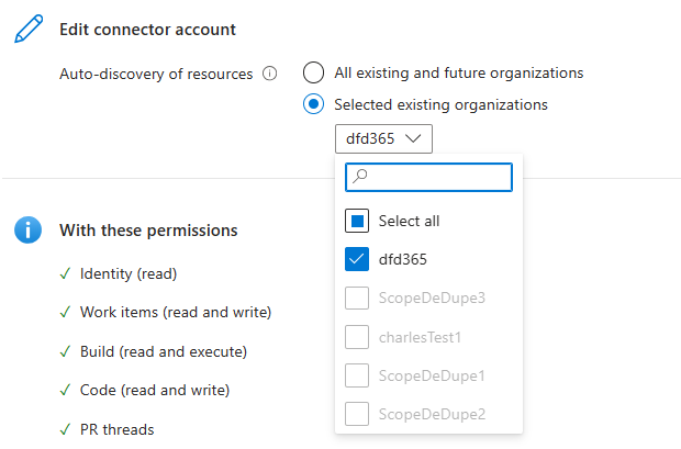 A screenshot showing how to select an account when editing a connector.